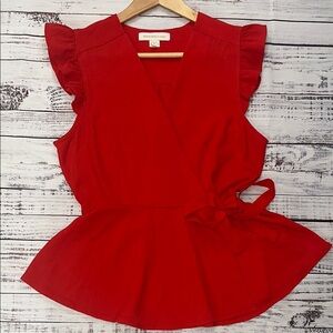 Monteau Red Wrap‎ Peplum Blouse with Ruffled Sleeves Sz. XL